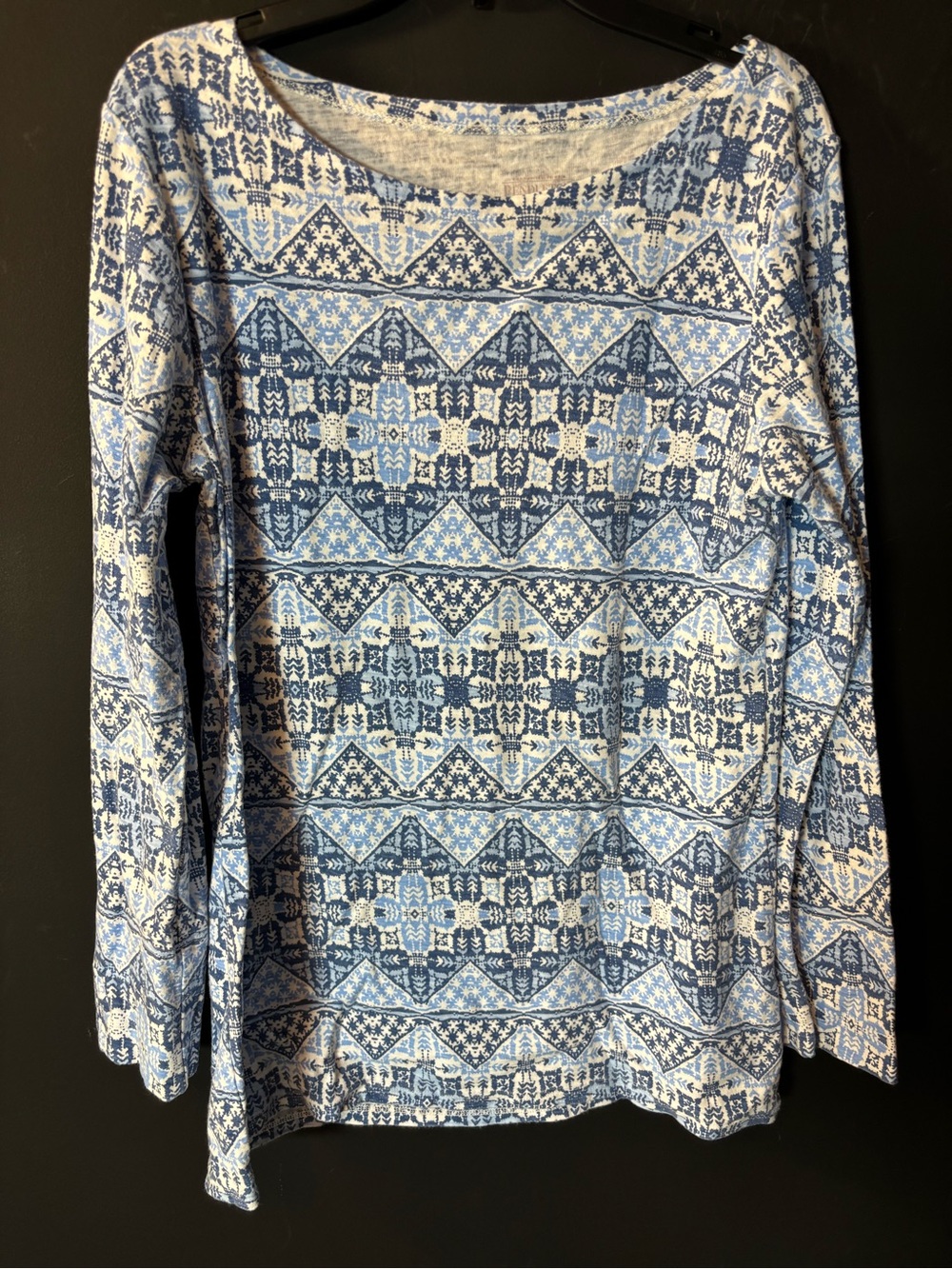 Pendleton Blue and White Geometric Long-Sleeve Tee-Small Petite